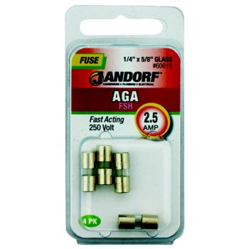 Jandorf 60615 Fast Acting Fuse, 2.5 A, 250 V, 100, 200 A Interrupt, Glass Body