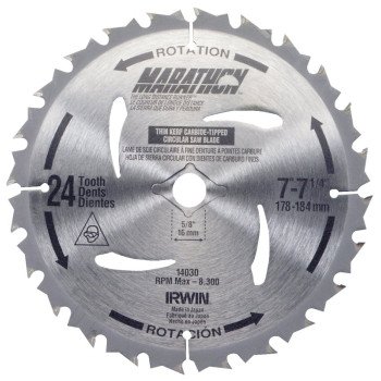 Irwin Marathon 14030 Circular Saw Blade, 7-1/4 in Dia, 5/8 in Arbor, 24-Teeth, Carbide Cutting Edge