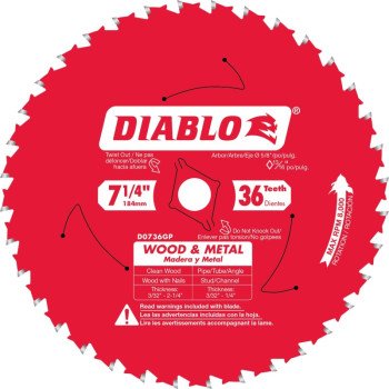 Diablo D0736GPX Circular Saw Blade, 7-1/4 in Dia, 5/8 in Arbor, 36-Teeth, Carbide Cutting Edge