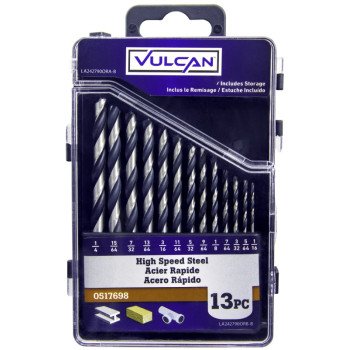 Vulcan 242790OR Plastic Case Drill Bit Set, 13-Piece, High-Speed Steel, Black Oxide/Polished