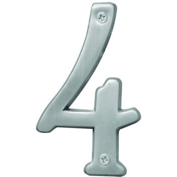 Hy-Ko Prestige Series BR-43SN/4 House Number, Character: 4, 4 in H Character, Nickel Character, Brass