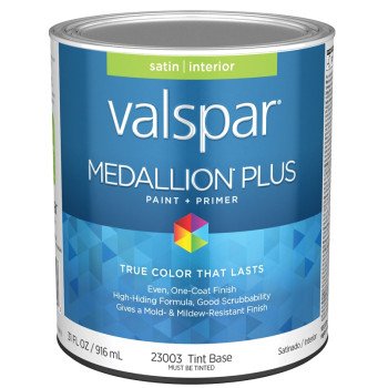 Valspar Medallion Plus 2300 028.0023003.005 Latex Paint, Acrylic Base, Satin Sheen, Tint Base, 1 qt, Plastic Can