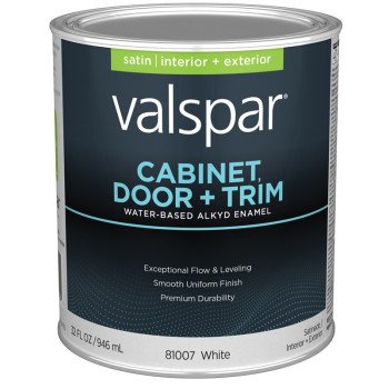 Valspar 8100 028.0081007.005 Cabinet, Door and Trim Paint Enamel, Water Base, Satin Sheen, White Base, 1 qt