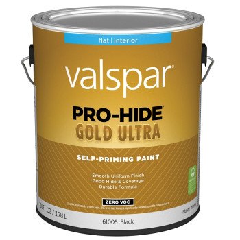 Valspar Pro-Hide Gold Ultra 6100 028.0061005.007 Latex Paint, Acrylic Base, Flat, Black, 1 gal, Plastic Can