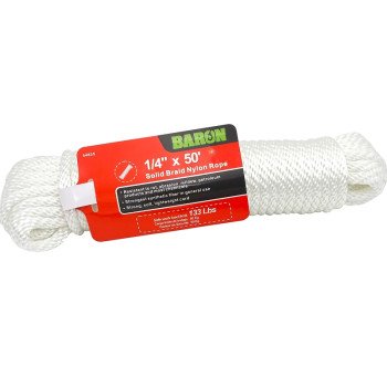 Baron 54805 Rope, 1/4 in Dia, 50 ft L, 1/4 in, 90 lb Working Load, Nylon, White