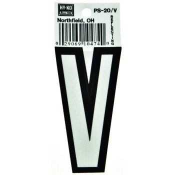 Hy-Ko PS-20/V Reflective Letter, Character: V, 3-1/4 in H Character, Black/White Character, Vinyl