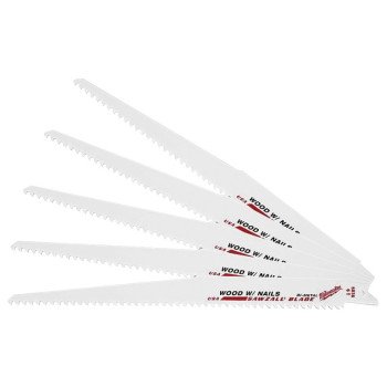 Milwaukee 48-00-5036 Reciprocating Saw Blade, Applicable Materials: Nail-Embedded Wood, 3/4 in W, 9 in L, 5 TPI