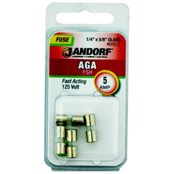 Jandorf 60617 Fast Acting Fuse, 5 A, 125 V, 1 kA Interrupt, Glass Body