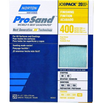 Norton ProSand 07660768165 Sanding Sheet, 11 in L, 9 in W, Super Fine, 400 Grit, Aluminum Oxide Abrasive, Paper Backing