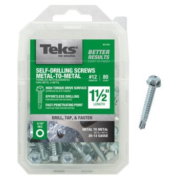 Teks 21344 Screw, #12 Thread, 1-1/2 in L, Coarse Thread, Hex Drive, Self-Drilling, Self-Tapping Point, Steel, Zinc