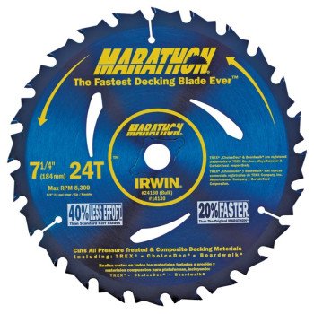 Irwin Marathon 14130 Circular Saw Blade, 7-1/4 in Dia, 5/8 in Arbor, 24-Teeth, Carbide Cutting Edge