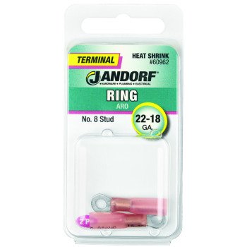 Jandorf 60962 Ring Terminal, 22 to 18 AWG Wire, #8 Stud, Copper Contact, Pink