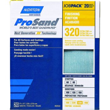 Norton ProSand 07660768166 Sanding Sheet, 11 in L, 9 in W, Extra Fine, 320 Grit, Aluminum Oxide Abrasive, Paper Backing