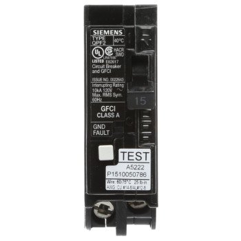 Siemens QF115A Circuit Breaker, GFCI, 15 A, 1-Pole, 120 V, Thermal Magnetic Trip, Plug-In Mounting