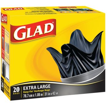 Glad Easy-Tie 30200 Garbage Bag, XL, Plastic, Black