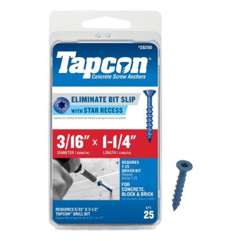 Tapcon 28250 Concrete Screw Anchor, 3/16 in Dia, 1-1/4 in L, Steel