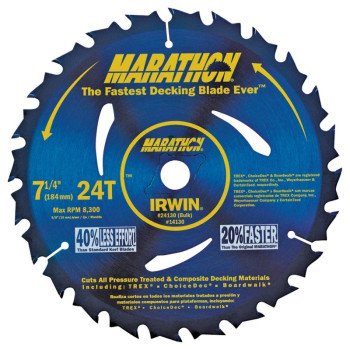 Irwin Marathon 24130 Circular Saw Blade, 7-1/4 in Dia, 5/8 in Arbor, 24-Teeth, Carbide Cutting Edge