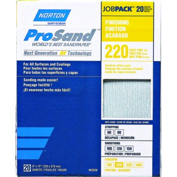 Norton ProSand 07660768167 Sanding Sheet, 11 in L, 9 in W, Very Fine, 220 Grit, Aluminum Oxide Abrasive, Paper Backing