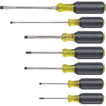 Klein Tools 85076 General Purpose Screwdriver Set, 7-Piece, Steel, Chrome, Black, Specifications: Round, Square Shank