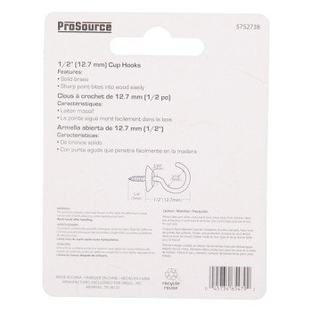 ProSource LR-388-PS Cup Hook, 3/16 in Opening, 2.5 mm Thread, 1/2 in L, Brass