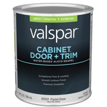 Valspar 8100 028.0081001.005 Cabinet, Door and Trim Paint Enamel, Water Base, Satin Sheen, Pastel Base, 1 qt