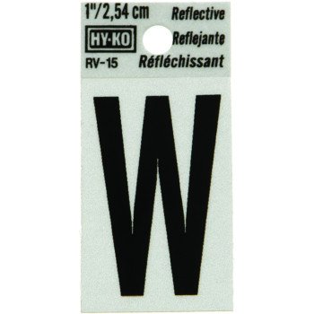 Hy-Ko RV-15/W Reflective Letter, Character: W, 1 in H Character, Black Character, Silver Background, Vinyl