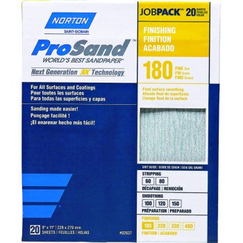 Norton ProSand 07660768168 Sanding Sheet, 11 in L, 9 in W, Fine, 180 Grit, Aluminum Oxide Abrasive, Paper Backing