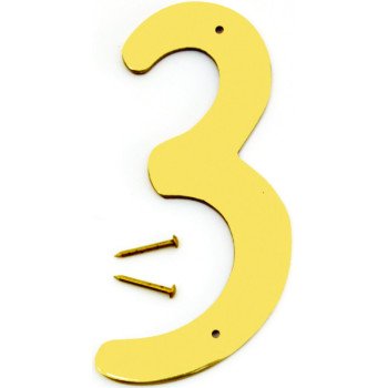 Hy-Ko BR-40/3 House Number, Character: 3, 4 in H Character, 2-1/2 in W Character, Brass Character, Brass