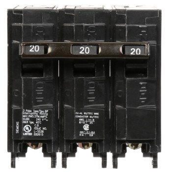 Siemens Q320 Circuit Breaker, Low Voltage, Mini, Standard, 20 A, 3 -Pole, 240 VAC, Common Trip, Plug Mounting