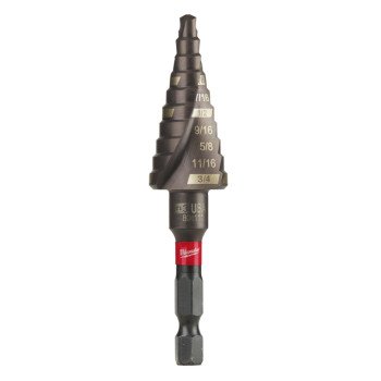 Milwaukee SHOCKWAVE Impact Duty 48-89-9243 Step Drill Bit, 3/16 to 3/4 in Dia, Spiral Flute, 2-Flute, Hex Shank