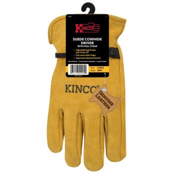 Kinco 50BT-L Driver Gloves, Men's, L, Keystone Thumb, Ball and Tape Cuff, Suede Cowhide Leather, Gold