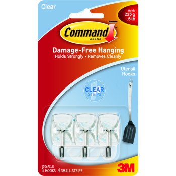 Command 17067CLR Wire Hook, 0.5 lb, 3-Hook, Metal/Plastic, Clear