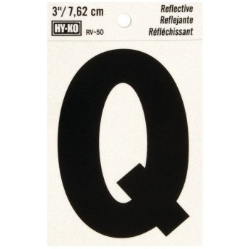 Hy-Ko RV-50/Q Reflective Letter, Character: Q, 3 in H Character, Black Character, Silver Background, Vinyl