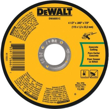 DEWALT DWA8051C Cutting Wheel, 4-1/2 in Dia, 0.045 in Thick, 7/8 in Arbor, Aluminum Oxide Abrasive