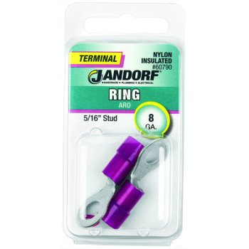 Jandorf 60790 Ring Terminal, 8 AWG Wire, 5/16 in Stud, Nylon Insulation, Copper Contact, Red