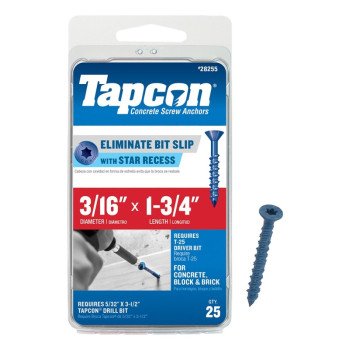 Tapcon 24255 Concrete Screw Anchor, 3/16 in Dia, 1-3/4 in L, Steel, Climaseal