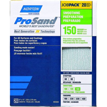 Norton ProSand 07660768171 Sanding Sheet, 11 in L, 9 in W, Medium, 150 Grit, Aluminum Oxide Abrasive, Paper Backing