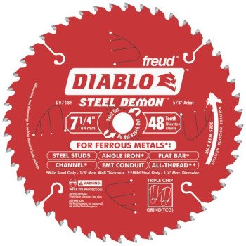 Diablo Steel Demon D0748CFX Circular Saw Blade, 7-1/4 in Dia, 5/8 in Arbor, 48-Teeth, Cermet Cutting Edge