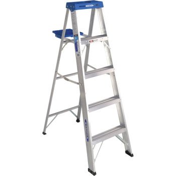 WERNER 365 Step Ladder, 5 ft , 4-Step, 250 lb, Type I Duty Rating, 3 in D Step, Aluminum, Blue