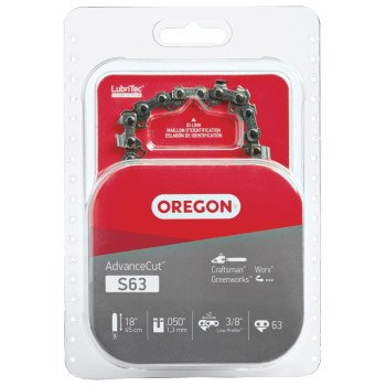 Oregon AdvanceCut S63 Chainsaw Chain, 18 in L Bar, 0.05 Gauge, 3/8 in TPI/Pitch, 63-Link