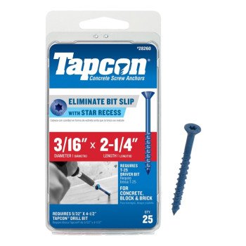 Buildex Tapcon 28260/24260 Screw Anchor, 3/16 in Dia, 2-1/4 in L, Steel, Climaseal