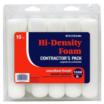 RollerLite Hi-Density Foam 6FOAMQ-10 Mini Roller Cover, 1/2 in Thick Nap, 6 in L, Foam Cover, White