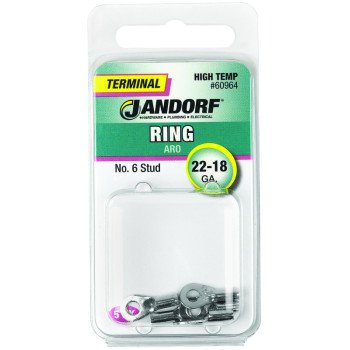 Jandorf 60964 Ring Terminal, 22 to 18 AWG Wire, #6 Stud, Copper Contact, 5/PK