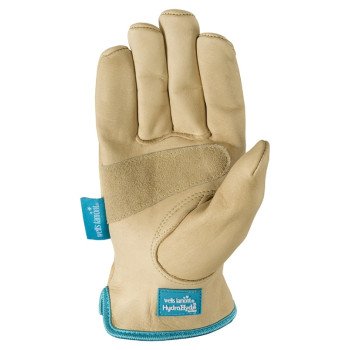 Wells Lamont 1167M Work Gloves, Women's, M, 7 to 7-1/2 in L, Elastic Cuff, Cowhide Leather, Blue/Brown/Tan