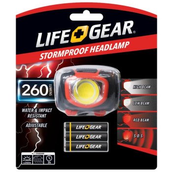 LifeGear 41-3765 Headlamp, AAA Battery, Alkaline Battery, LED Lamp, 260, 3 hr Run Time, Black/Red