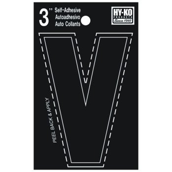 Hy-Ko 30400 Series 30432 Die-Cut Letter, Character: V, 3 in H Character, Black Character, Vinyl