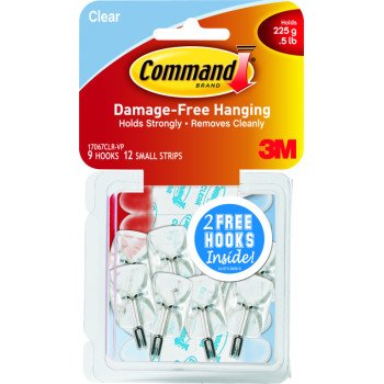 Command 17067CLR-VP Wire Hook, 0.5 lb, 9-Hook, Plastic, Clear