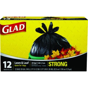 Glad 70028 Lawn and Leaf Bag, 32-1/2 in L, 38 in W, 39 gal, Black, Quick Tie