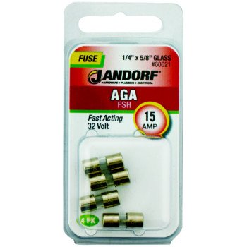 Jandorf 60621 Fast Acting Fuse, 0.005 Ohm, 15 A, 32 V, 1 kA Interrupt, Glass Body