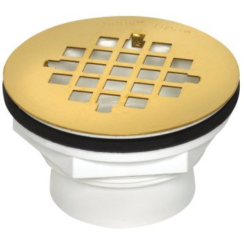 Oatey 42078 PVC Shower Drain with Polished Brass Strainer, PVC, White, For: 2 in SCH 40 DWV Pipes